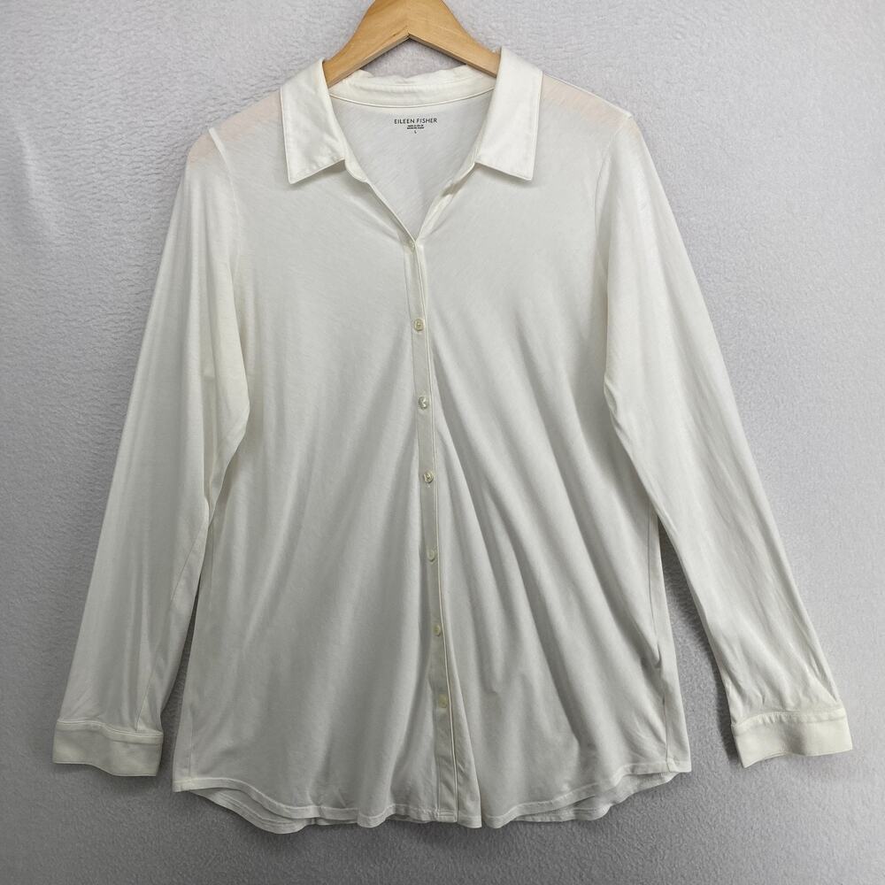 EILEEN FISHER Tunic L Organic Cotton Bias Jersey Shirt Button Up White USA